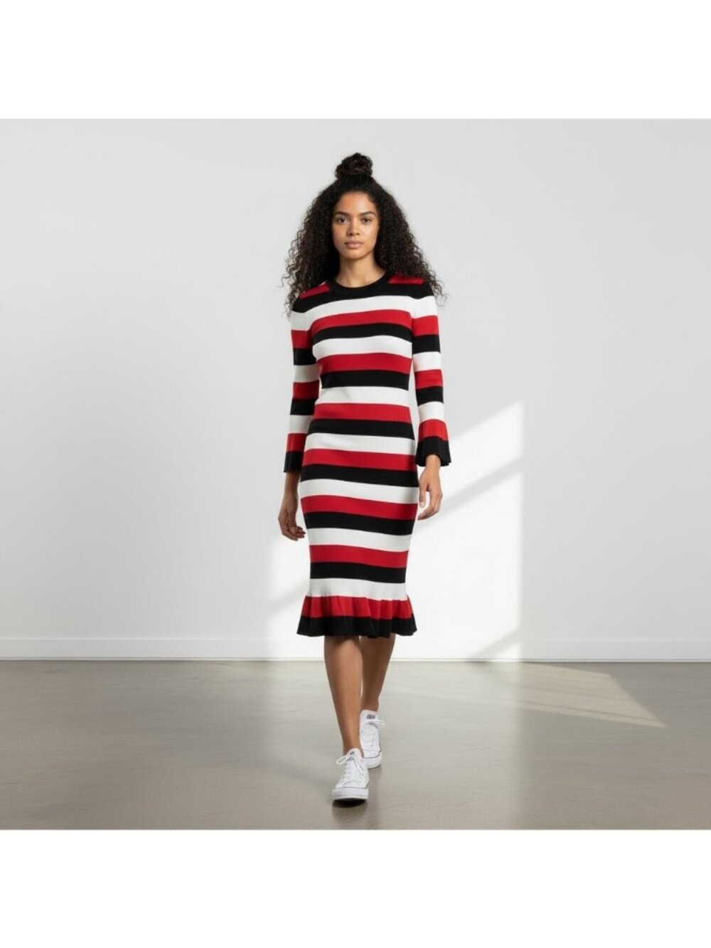 Loft Striped Knit Long-Sleeve Midi Sweater Dress In Red White & Navy SP